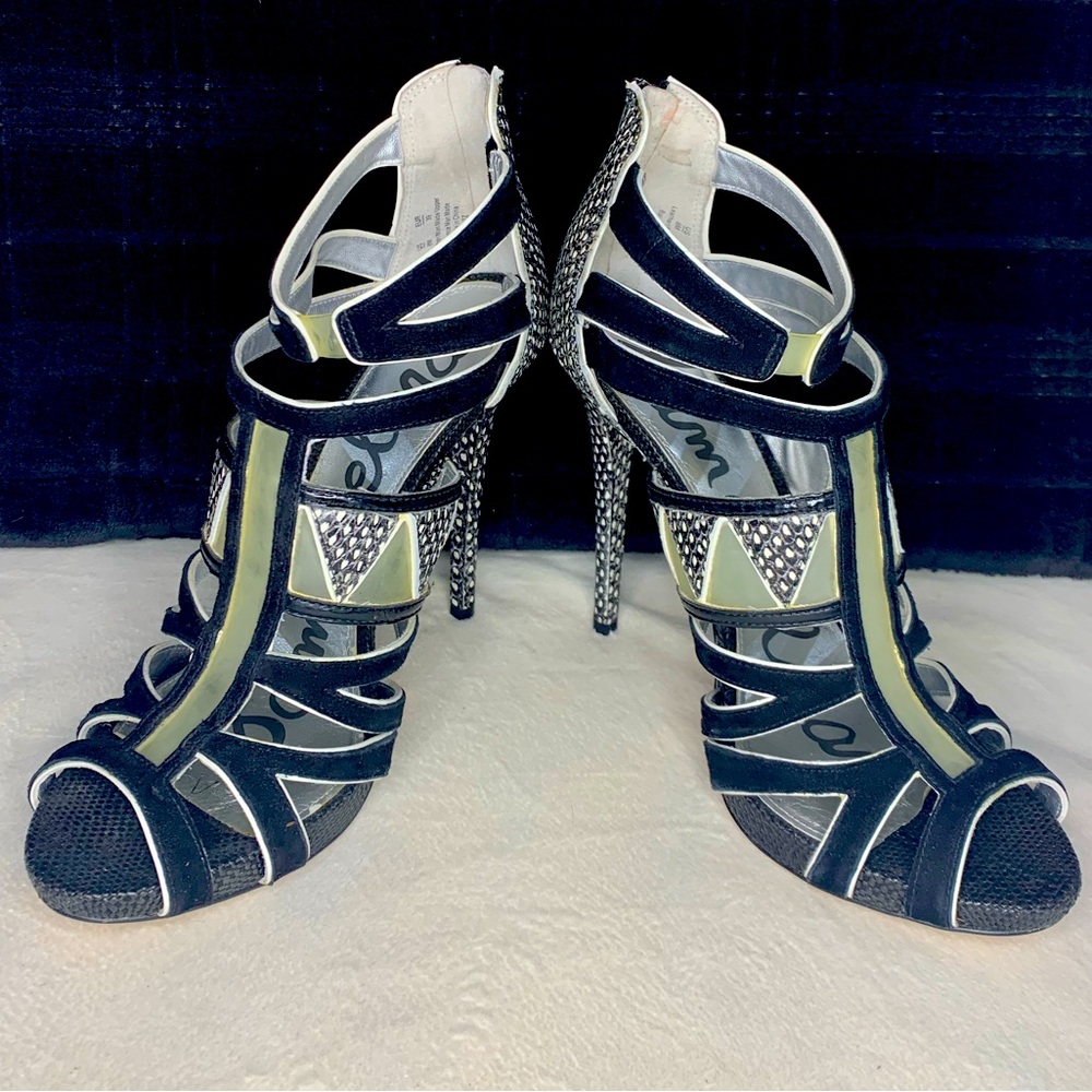 Sam Edelman Black and Gold Strappy High Heel Sandals